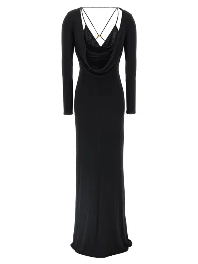 Elisabetta Franchi Draped Black Maxi Dress With Deep Neckline In Black