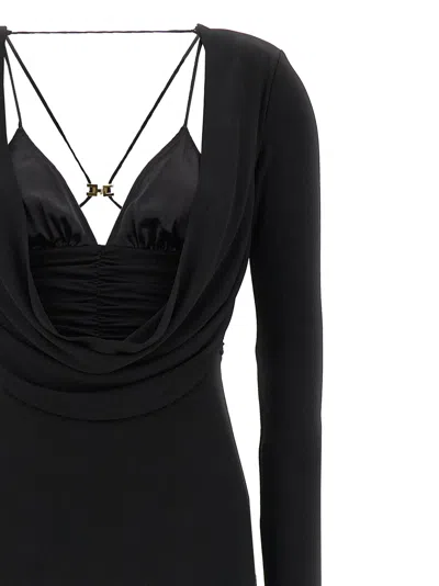 Elisabetta Franchi Draped Black Maxi Dress With Deep Neckline In Black