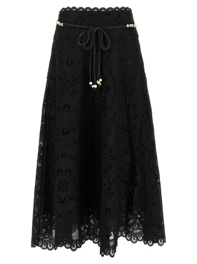 Zimmermann Zim Rhiannon Embroidered Scallop Hem Wblt Midi Skirt Black