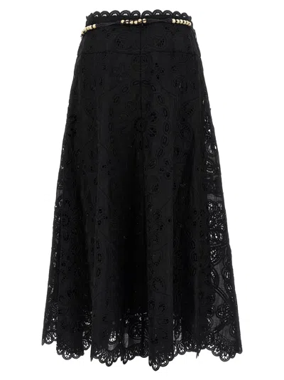 Zimmermann Zim Rhiannon Embroidered Scallop Hem Wblt Midi Skirt Black