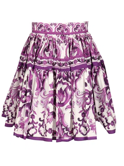Dolce & Gabbana Violet Pleated Miniskirt With Rear Zip Closure And All-over Graphic Print