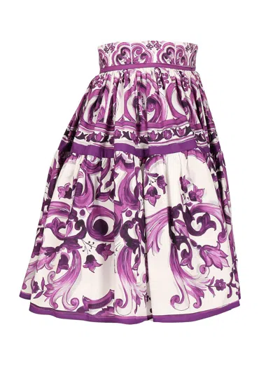 Dolce & Gabbana Violet Pleated Miniskirt With Rear Zip Closure And All-over Graphic Print