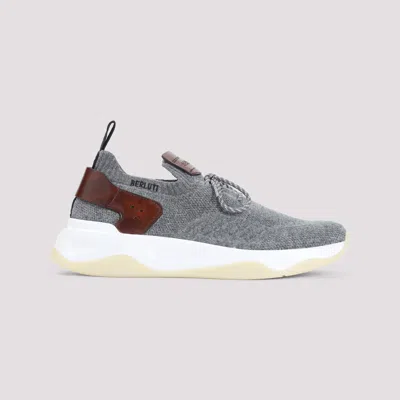 Berluti Knitted Textile Sneakers With Leather Accents In Gray