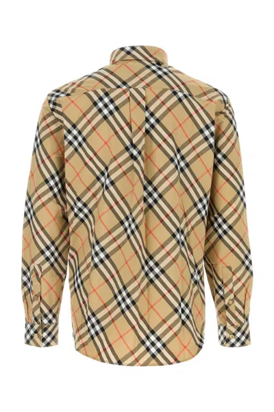 Burberry Men Beige Shirt With Classic Collar And All-over Check Motif In Cotton Man In Brown