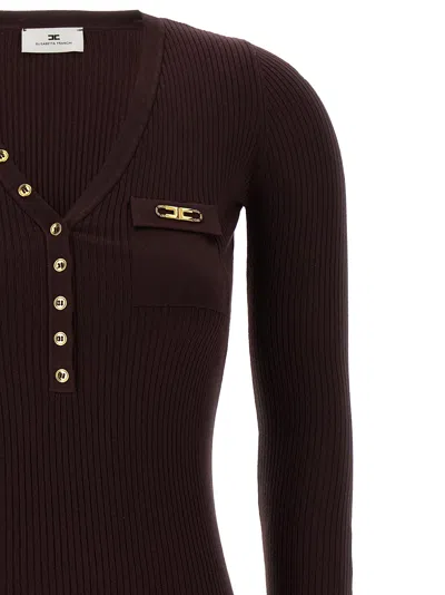 Elisabetta Franchi Burgundy Ribbed Sweater With Pocket In Brown