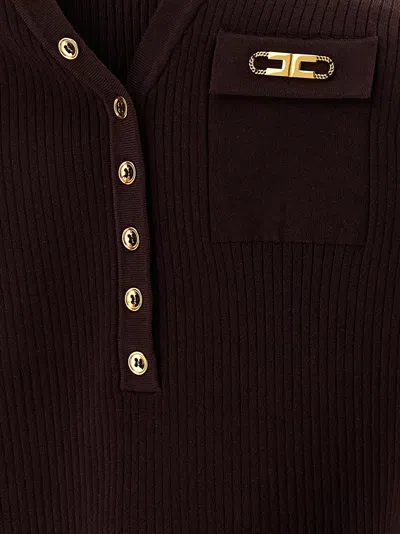 Elisabetta Franchi Burgundy Ribbed Sweater With Pocket In Brown