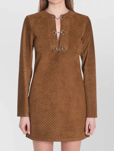 Gucci Brown Dress With Front Horsebit Details And All-over Gg Motif In Suede Woman In Brown