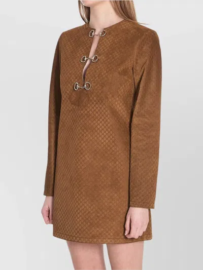 Gucci Brown Dress With Front Horsebit Details And All-over Gg Motif In Suede Woman In Brown