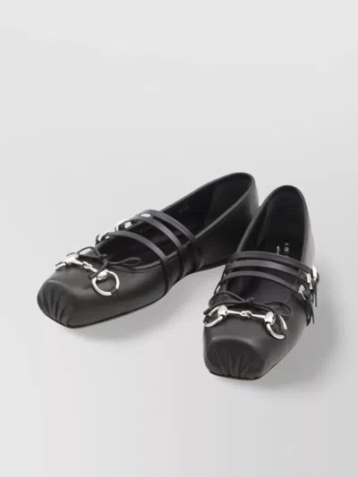Gucci Leather Bow Detail Squared Toe Ballet Flats
