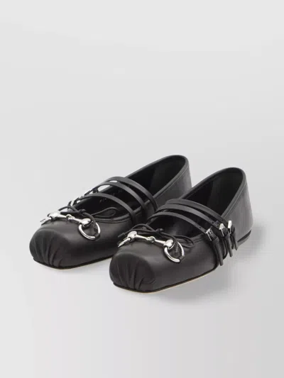 Gucci Leather Bow Detail Squared Toe Ballet Flats