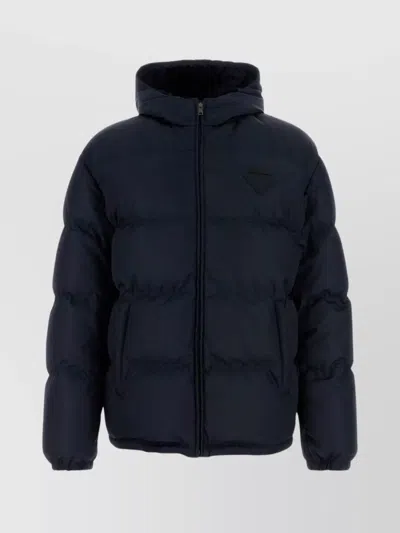 Prada Hooded Quilted Down Jacket With Side Pockets In Blue