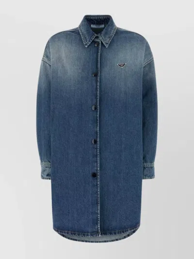 Prada Oversize Denim Shirt Cuffed Sleeves In Blue
