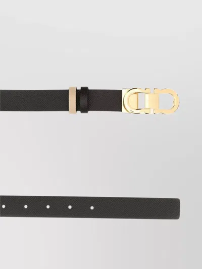 Ferragamo Leather Belt Reversible Adjustable Length Gold-tone Buckle In Black
