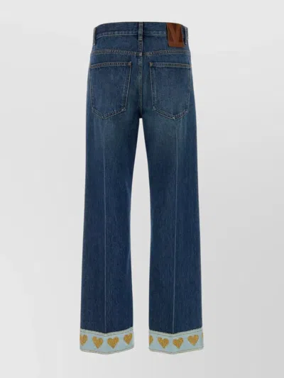 Valentino Heart Court Straight Jeans With Embroidered Hem