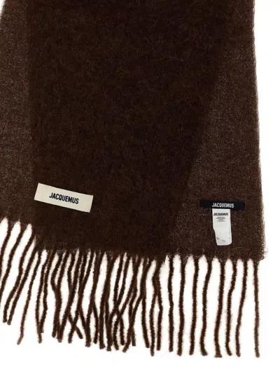 Jacquemus Carro Scarf With Soft Texture And Fringed Edges In Brown