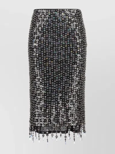 Pinko Fringed Black Sequined Midi Skirt With Removable Underskirt In Black