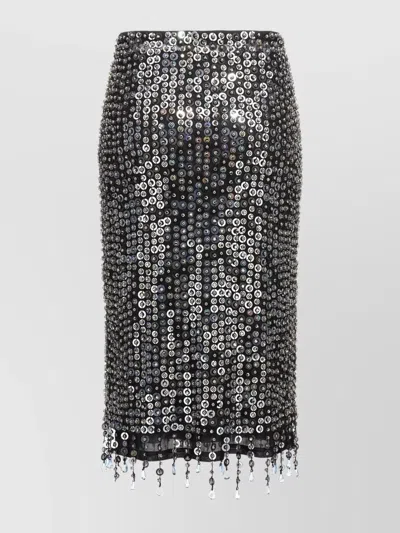 Pinko Fringed Black Sequined Midi Skirt With Removable Underskirt In Black