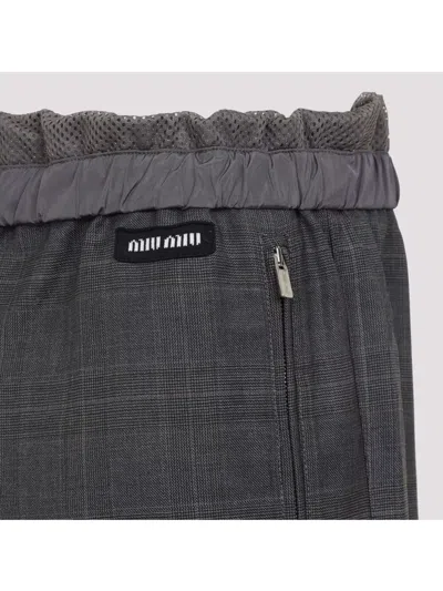 Miu Miu Checkered Drawstring Wool Pants With Elastic Waistband In Gray