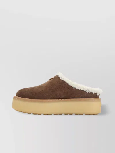 Prada Shearling Trim Suede Mule Platform