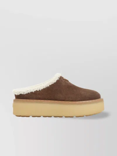 Prada Shearling Trim Suede Mule Platform