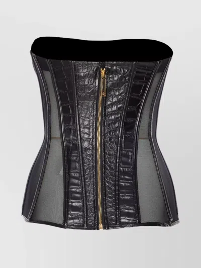 Elisabetta Franchi Bustier Top With Crocodile Texture And Sheer Panels In Black