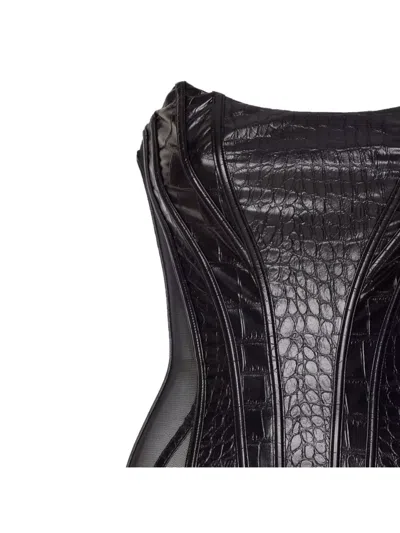 Elisabetta Franchi Bustier Top With Crocodile Texture And Sheer Panels In Black