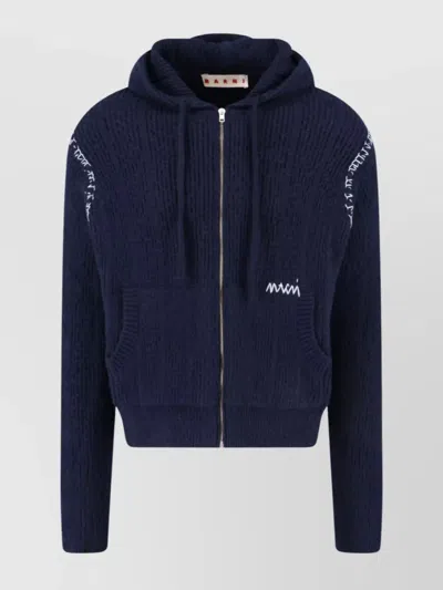 Marni Hooded Sweatshirt With Embroidered Detail And Ribbed Texture In Blue