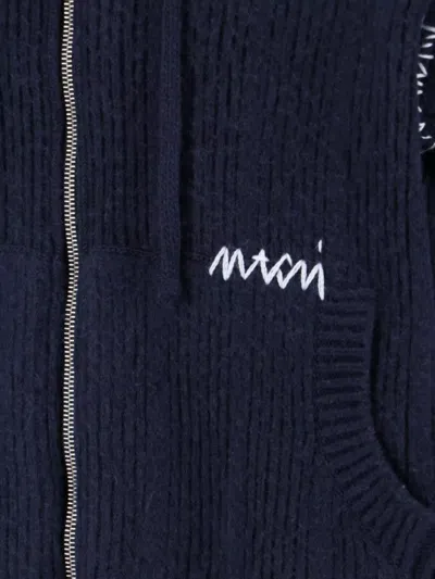 Marni Hooded Sweatshirt With Embroidered Detail And Ribbed Texture In Blue