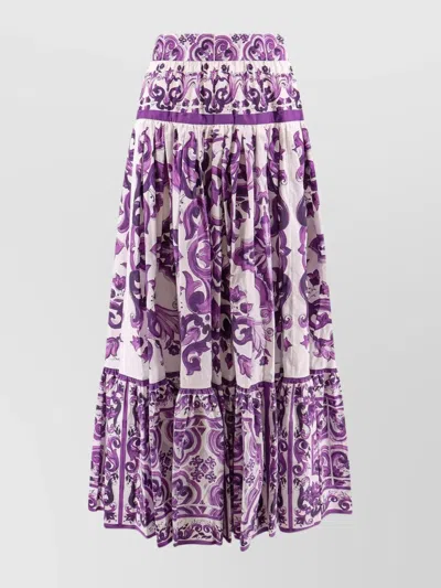 Dolce & Gabbana Violet Long Skirt With Ruffle Hem And All-over Floral Motif In Cotton Woman In Purple