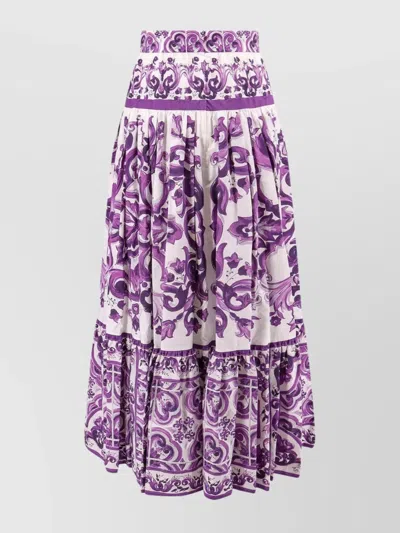 Dolce & Gabbana Violet Long Skirt With Ruffle Hem And All-over Floral Motif In Cotton Woman In Purple