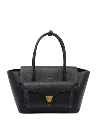 Coccinelle Double Beat Leather Tote Bag In Black