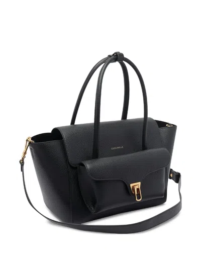 Coccinelle Double Beat Leather Tote Bag In Black