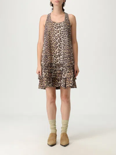 Ganni Leopard-print Ruffled Cotton Poplin Minidress In Brown