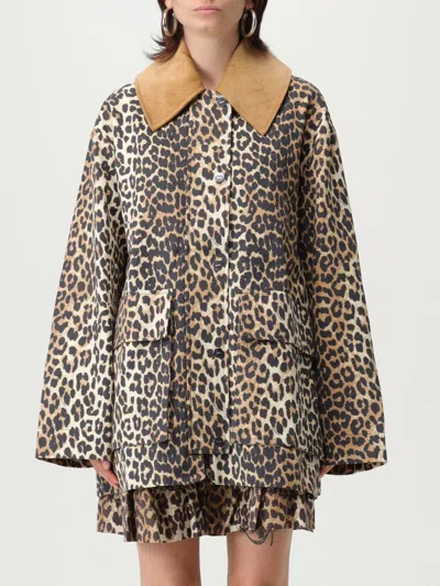 Ganni Leopard Printed Canvas Midi Puffer Jackets Brown In Multi
