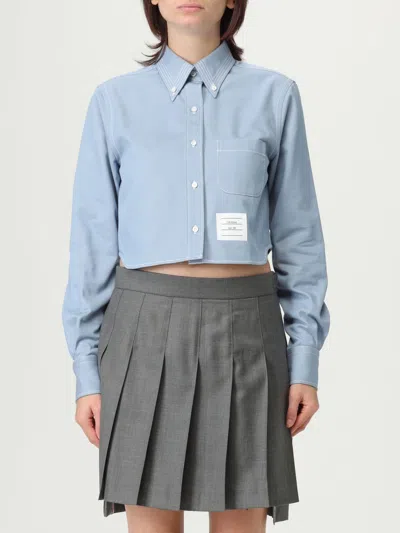 Thom Browne Cropped Denim Shirt With Contrast Stitching In Blue