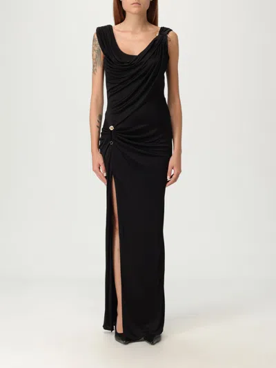 Versace Asymmetric Neck Viscose Long Dress In Black