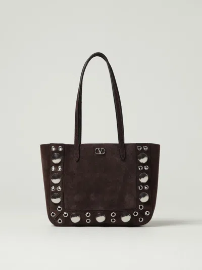 Valentino Studded Suede Double Handles Shoulder Bag In Brown