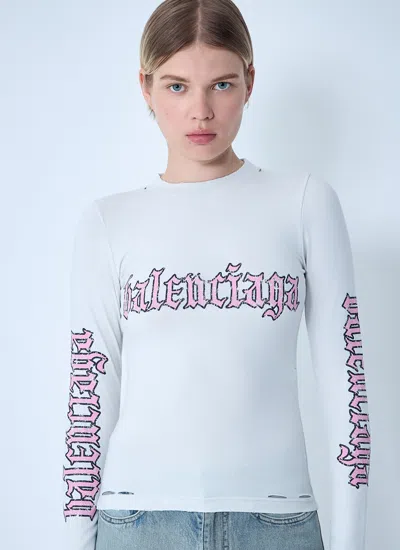 Balenciaga Crew Neck Graphic Print Long Sleeves Top In Blue