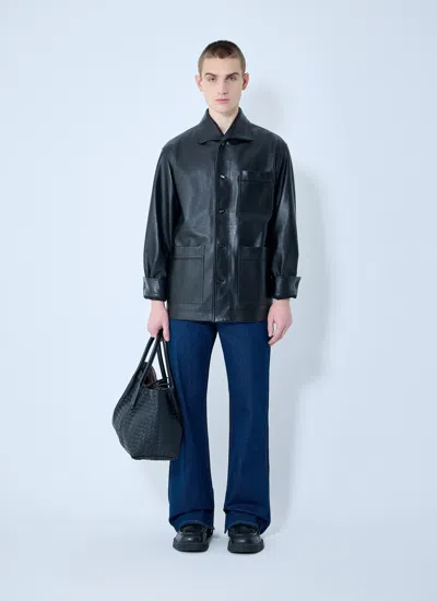 Bottega Veneta Men Leather Pyjama Shirt In Black