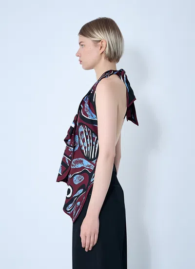 Bottega Veneta Fish Print Asymmetric Silk Twill Halter Top In Red