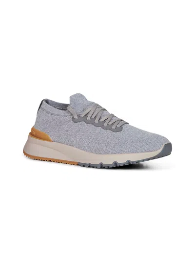 Brunello Cucinelli Low Slip-on Stretch Wool Knit Sneakers With Rubber Sole In Gray