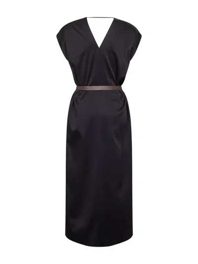 Brunello Cucinelli Women Black Cady Satin Belted Midi Dress In Black