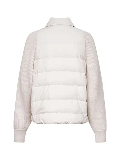 Brunello Cucinelli Women Ivory Canvas And Knit Shiny Flap Detail Down Jacket