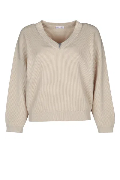 Brunello Cucinelli Cotton Sweater Dropped Shoulders Long Sleeves In Neutral