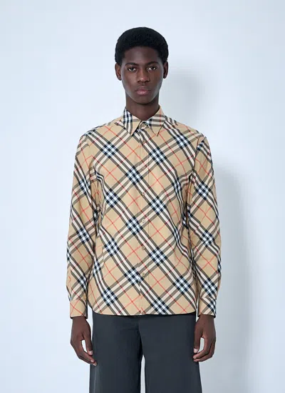 Burberry Men Beige Shirt With Classic Collar And All-over Check Motif In Cotton Man In Multi