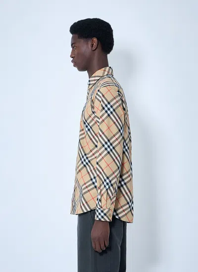 Burberry Men Beige Shirt With Classic Collar And All-over Check Motif In Cotton Man In Multi