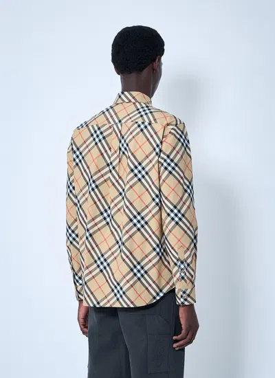 Burberry Men Beige Shirt With Classic Collar And All-over Check Motif In Cotton Man In Multi