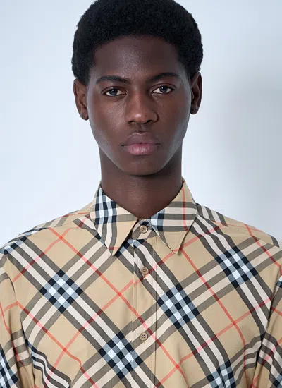 Burberry Men Beige Shirt With Classic Collar And All-over Check Motif In Cotton Man In Multi