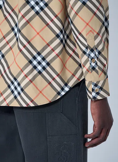 Burberry Men Beige Shirt With Classic Collar And All-over Check Motif In Cotton Man In Multi