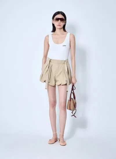 Chloé Balloon Cotton Shorts With Lateral Adjustable Straps In Neutral